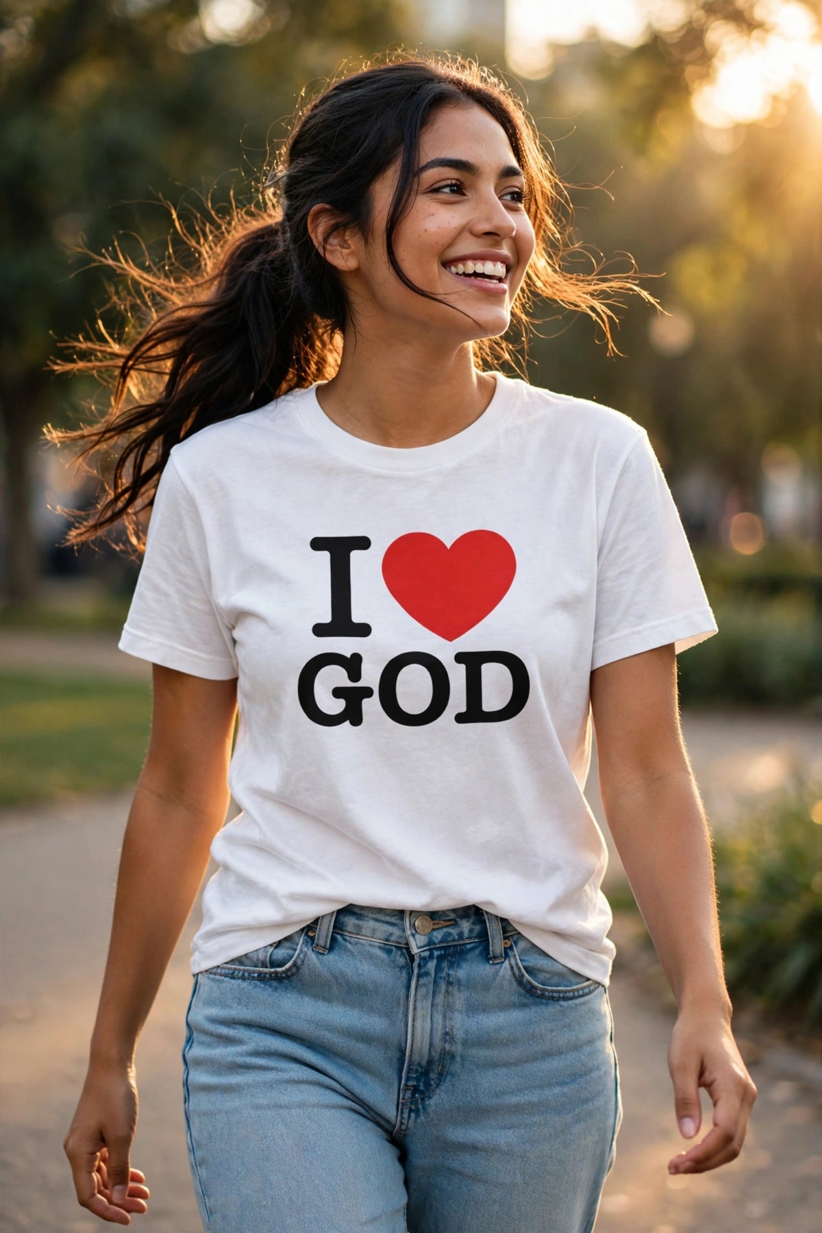 A woman smiling outdoors while wearing a white graphic T-shirt that reads 'I [red heart] GOD' in black text, paired with light blue jeans.